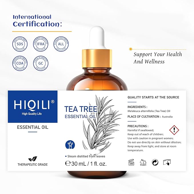HIQILI Tea Tree Oil for Nail & Skin Care, Strengthens Nails | Soothes Toenail, Cuticle & Feet, Cleanses Face for a Fresh, Mix with Face Wash or Carrier Oil - 30ml/1.01 fl oz