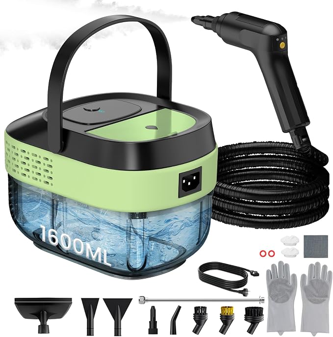Granarbol Steam Cleaner, 2500W 1.6L Handheld Steamer for Home Car Cleaning | 10s Heat-up, 19pcs Accessories, 3 Levels, Chemical-free Cleaning for Kitchen, Floor, Bathroom, Car Interior, Black & Green