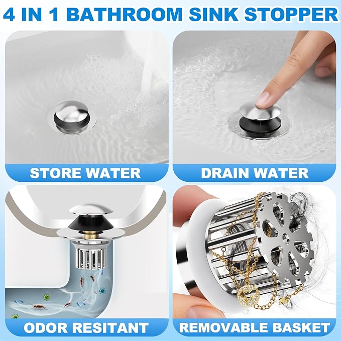 Universal 4 in 1 Bathroom Sink Stopper with Removable Filter Basket, Pop Up Pure Copper Bathroom Sink Drain Strainer, Anti-Clogging Bathroom Drain Stopper Sink Plug for 1.06"-1.65" Basin Drain Holes