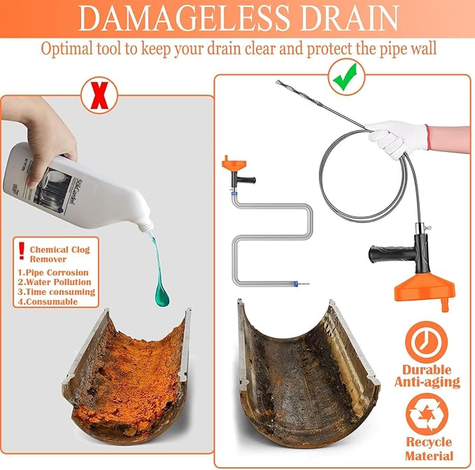 Drain Snake Auger, Plumbing Snake Drain Hair Clog Removal Tool, Sink Unclogger Drain, Heavy Duty Drum Auger, Cleaner Tool for Bathroom Kitchen Tub Shower Drain Clog Remover with Gloves (33 Feet)