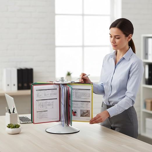 Tarifold Rotary Desktop Reference System, 50 Pockets, Assorted | 50 pivoting pockets hold 100 letter-size sheets, 360-degree rotating design, snap-on index tabs, compact desktop base