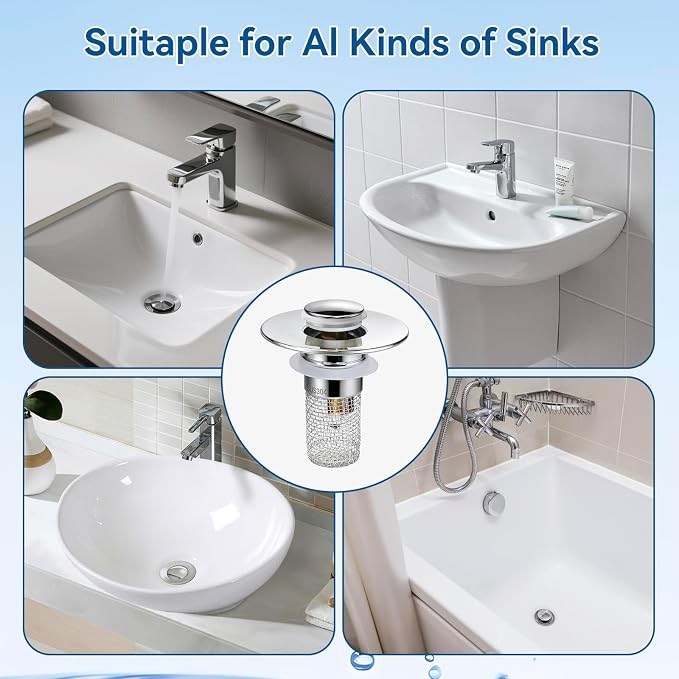 Universal Bathroom Sink Stopper & Hair Catcher, Stainless Steel Drain Filter Strainer, Anti-Clog Pop Up Drain Stopper for US Standard Bathroom Sinks (1PCS)