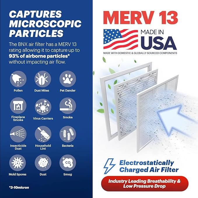 BNX TruFilter 16x24x1 Air Filter MERV 13 (4-Pack) - MADE IN USA - Electrostatic Pleated Air Conditioner HVAC AC Furnace Filters for Allergies, Pollen, Mold, Bacteria, Smoke, Allergen, MPR 1900 FPR 10