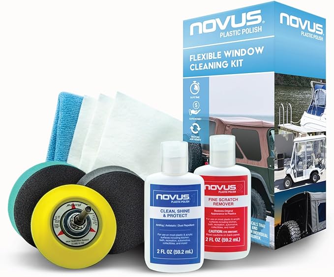 NOVUS Plastic Polish | Flexible Window Kit | One 3” Backing Pad for Drill, One 3” Green Foam Pad, One 3” Black Foam Pad, 1, 2, Three Polish Mate Wipes, One Microfiber Towel