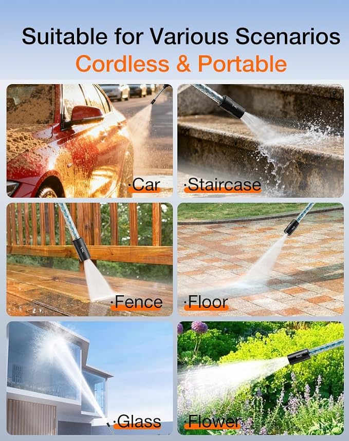 Ikewzbk Cordless Pressure Washer Battery Powered, 1800 MAX PSI | 4 A Battery*2, 5-in-1 Nozzle, 3 Level, Handheld Portable, For Car Home Patio Driveway Fence Cleaning