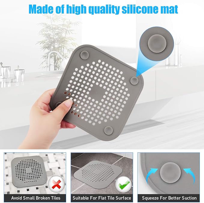 Square Drain Cover for Shower 5.7-inch TPR Drain Hair Catcher Flat Silicone Plug for Bathroom and Kitchen Filter Shower Drain Protection Flat Strainer Stopper with Suction Cups 2 Pack (White)