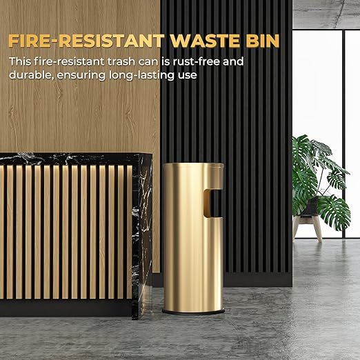 Trash Can Outdoor Waste Container Round Stainless Steel Trash Can with Removable Inner Bucket for Disposal Commercial Waste Container 9.8 x 24-Gold Tone