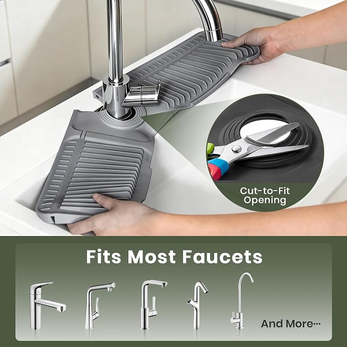 24 Inch Faucet Mat for Kitchen Sink, Silicone Splash Guard for Kitchen Sink Area, 7° Slope Fast Self-Draining Sink Mat, Cuttable Hole Design, Sink Backsplash Guard Draining Mat, Dark Grey