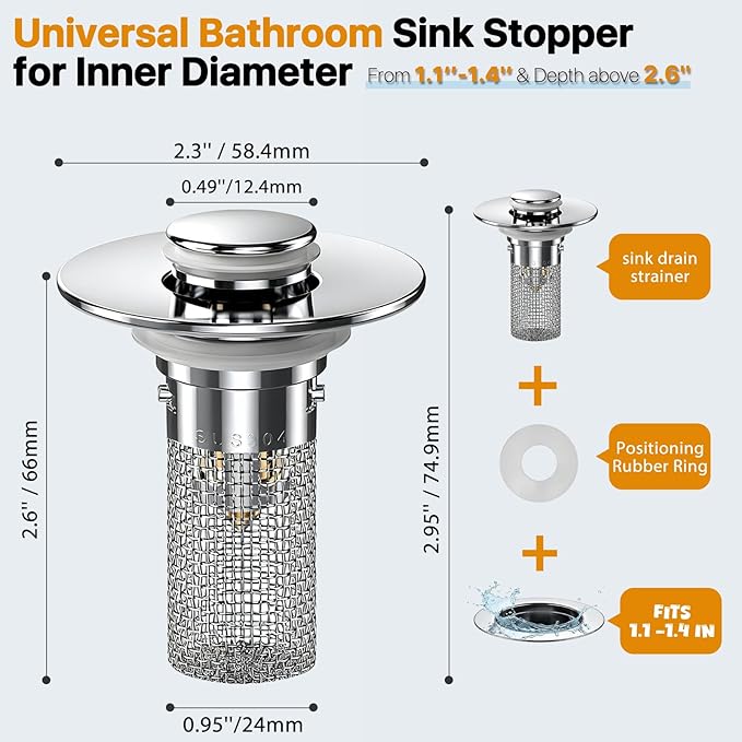 3PCS Bathroom Sink Drain Strainer Hair Catcher, Pop Up Universal Sink Drain Stopper with Removable Drain Filter Basket,Stainless Steel Drain Filter Cover Replacement, Sink Plug, Sink Trap,Drain Screen