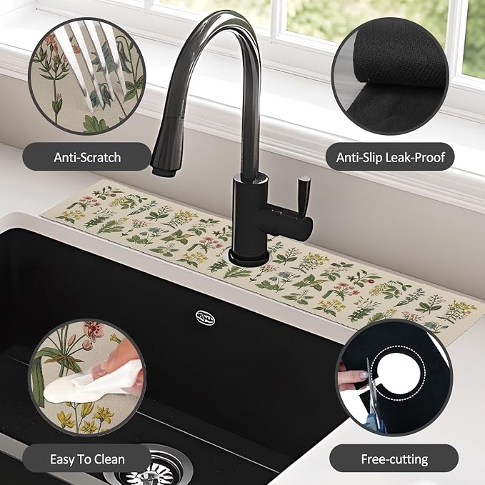 2PCS 24" X 5.5" Kitchen Sink Splash Guard Faucet Mat Floral Super Absorbent Fast Drying Faucet Guard & Draining Mat Sink Splash Guard Behind Faucet for Kitchen, Bathroom