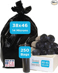 Black Garbage Bags, Made in USA, 40-45 Gallon, Light Duty, Durable, Unscented, High Density, Industrial and Commercial Use, for Lawn, Leaf, No Ears, No Ties, Bulk 250 Count