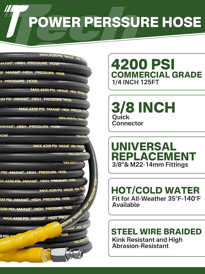 4200PSI Pressure Washer Hose 125FT with 3/8" Swivel Quick Connect for Cold/Hot Water, Kink Resistant Steel Wire Braided,1/4" Wear Resistant Power Washer Hose with 2 M22 14mm Adapter Set