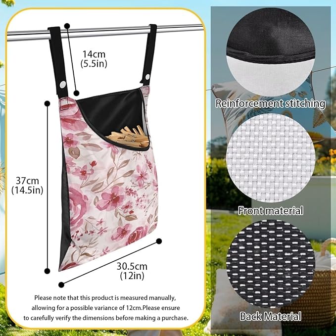 Pink Flowers Clothespin Bag Laundry Hanging Storage Organizer Clothes Pin Hanging Bag with Rope Clothespin Holder with an Space-Saving Opening for Clothesline Outdoor