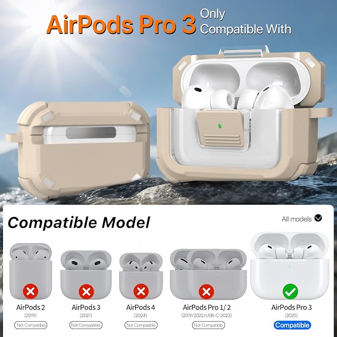 R-FUN for AirPods Pro 3 Case with Lock Magnetic Lid MagSafe, Desert Gray | Compatible Apple AirPods Pro 3, Compatible MagSafe, Protective Case with Cleaner Kit & Carabiner, Powerful Drop Protection