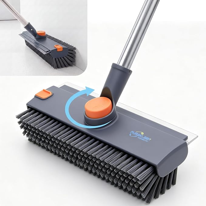 3 in 1 Floor Scrub Brush, Heavy Duty 90° Bristle with Squeegee (Gray) | 3 heights adjustable 360° brush head Perfect for bathroom, kitchen, garage & patio