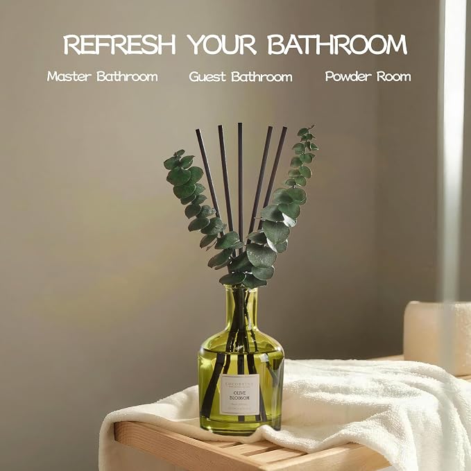 Olive Blossom Reed Diffuser, 6.76 oz | Real Dried Eucalyptus Leaves, 8 Reeds, Long-Lasting Essential Oil, Home Fragrance, Bedroom or Bathroom Décor