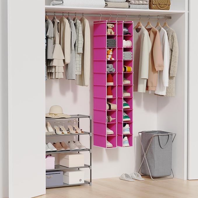 MAX Houser 10 Tier Slim Hanging Shoe Organizer, Narrow Closet Hanging Storage Shelf, Pink