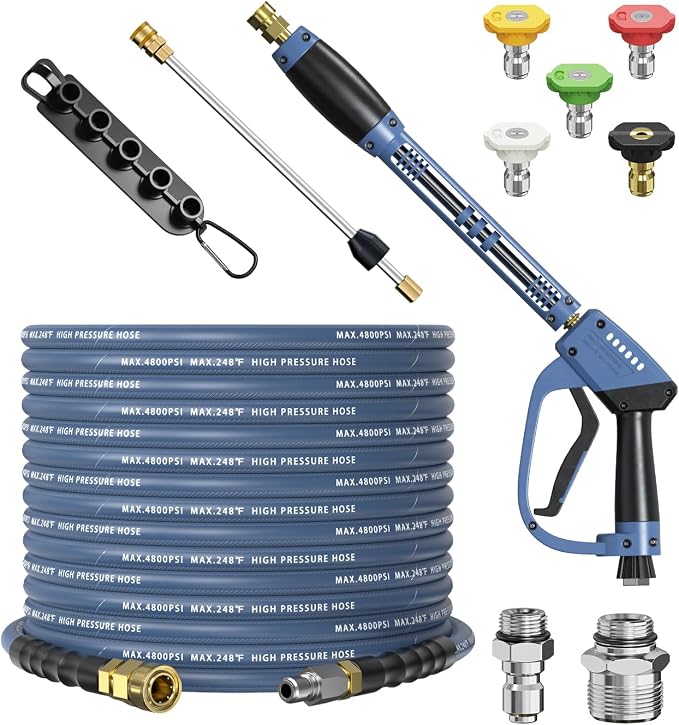 Pressure Washer Gun and Hose Kit, 4800PSI Steel-Braided & Durable - Flexible & Kink-Resistant Power Washer Hose 50 FT with 3/8" Swivel Quick Connector and M22 14mm Adapters Replacement