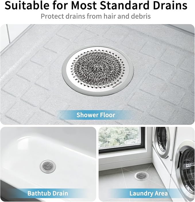 TRAPMATE Shower Drain Cover, 2PCS Prevent Clogging Shower Drain Hair Catcher, Non-Slip Stainless Steel Drain Protector, Patented Bathroom Accessory for US Standard Flat Drains of Bathroom