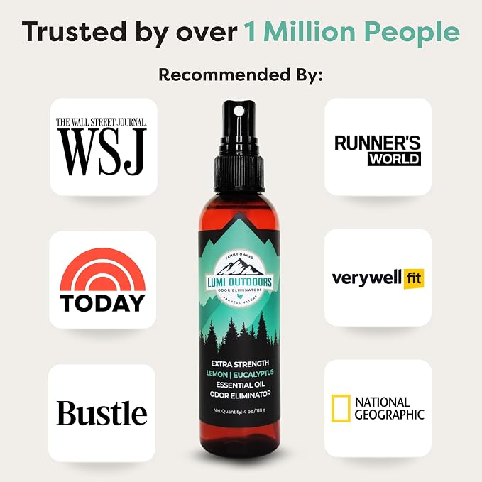 Lumi Outdoors Natural Shoe Deodorizer Spray - Odor Eliminator | Destroys Stubborn Shoe Smells at the Source - 700+ Sprays - Sneakers, Work Boots, Cleats & Gym Bags - Lemon Eucalyptus Scent