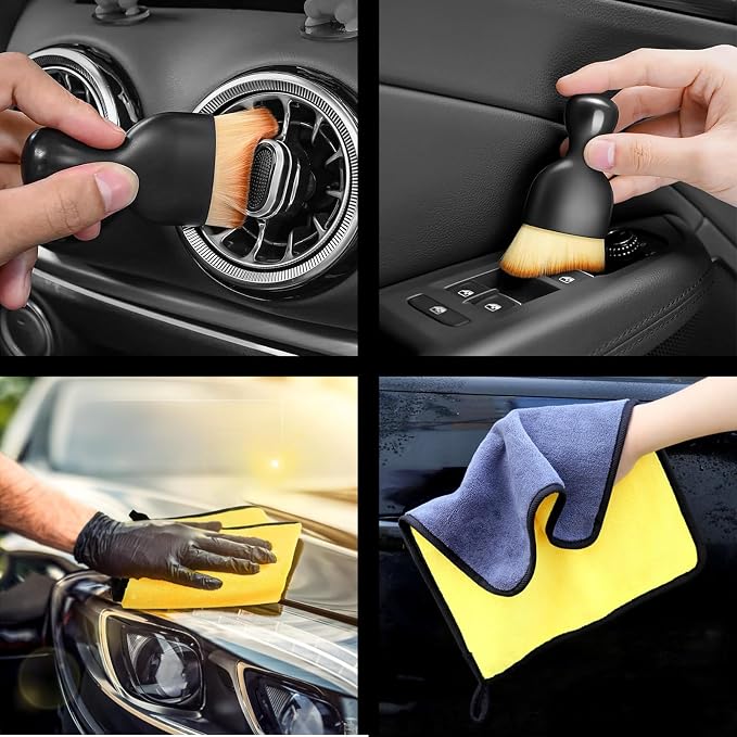 Car Windshield Cleaning Tools, Expandable Car Window Cleaner kit with 4 Reusable Microfiber Pads, Windshield Cleaning Wand Tool, Auto Interior Dust Brush, for Trucks, SUVs, RVs etc