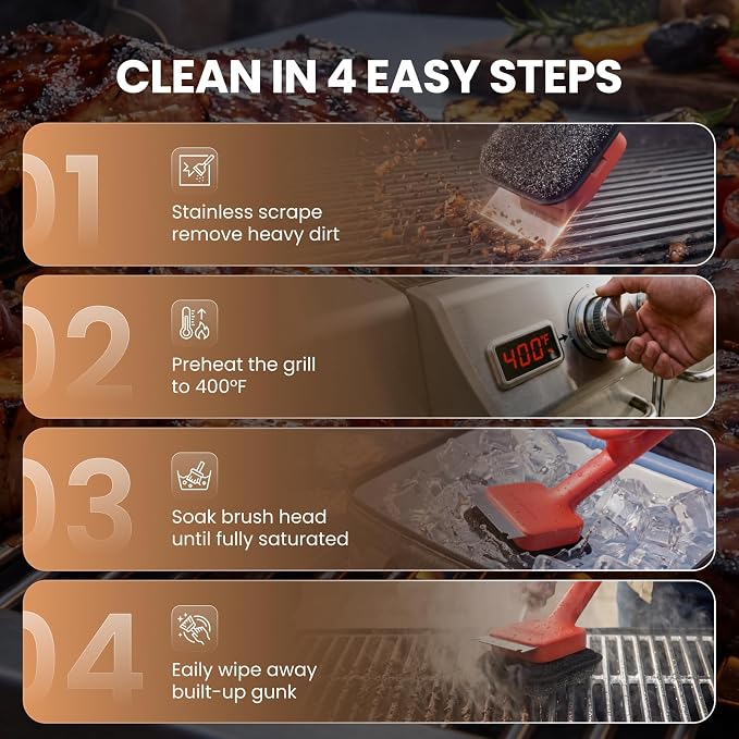 ThermoMaven Bristle-Free BBQ Grill Brush - No Wire Risk Steam Cleaner Removes Burnt Grease Fast - 17" Cool-Touch Handle, Scraper & 3 Replaceable Heads for Gas, Charcoal & Cast Iron
