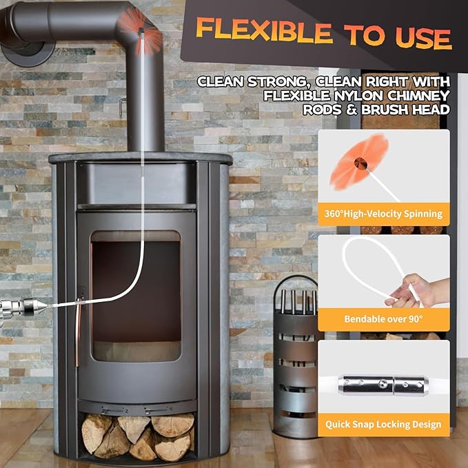 46 Feet Chimney Sweep Kit, Chimney Cleaning Kit with 14 Flexible White Chimney Rods, Chimney Brush for Sweeping Fireplace, Rotary Chimney Cleaning System Driven by Drill