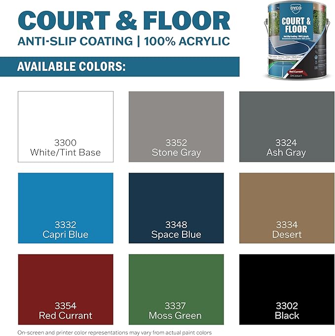 DYCO Court & Floor Anti-Slip Coating - Slip-Resistant Pavement, Cement & Concrete Paint for Pickleball, Tennis & Basketball Courts, Exceeds ADA Standards for Safety Areas (Red Currant, 1 Gallon)