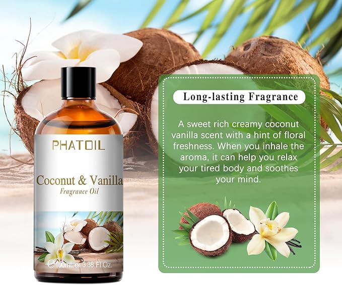PHATOIL Coconut & Vanilla Fragrance Oil for Diffuser Aromatherapy 3.38FL.OZ | Long Lasting Scented Oils For Humidifier, Air Freshener, DIY Soap Candle, Scent Project Making, Aroma Oil for Home Freshening