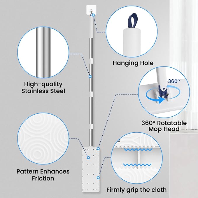 Snap Grip Mini Mop with 6 Washable Pads, Zero-Touch Flat Floor Mop for Wall | Lazy Dry Wet Mops with 47" Handle, Dust Mop Household Items for Floor Cleaning Window Ceiling Home Kitchen Bathroom