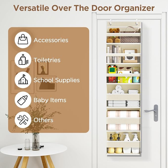 6 Tiers Over The Door Organizer, Behind The Door Storage Hanging Shelves | Heavy Duty Hanging Organizer Storage with Large Capacity Pockets for Closet Wall Bathroom Bedroom Nursery Pantry, 1 Beige