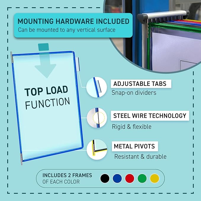 Tarifold 10 Pocket Wall Mount Reference System, Expandable, Assorted Colors | 10 PVC pockets hold 20 letter-size sheets, metal wall bracket, index tabs, easy to install