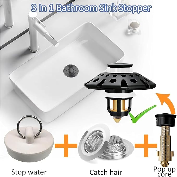 AzWzz Bathroom Sink Drain Strainer, 3 in 1 Pop Up Bathroom Sink Stopper Plug with Hair Catcher Cover, Universal for 1.06 in to 1.6 in Sink Drain, Matte Black