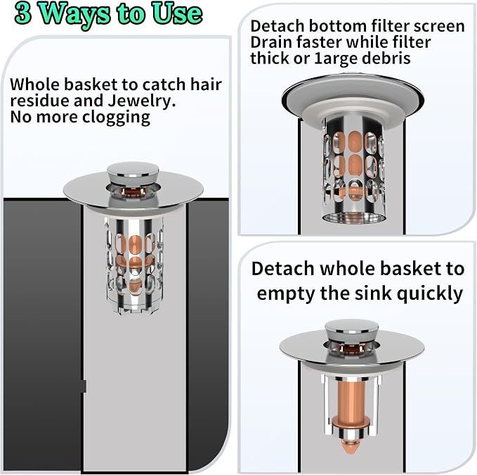 Sink Stopper Drain Hair Catcher,Bathroom Sink Drain Strainer with Removable Anti-Clogging Basket,Easy to Install Bathroom Sink Stopper Drain Catcher for 1.06-1.61in Basin Washstand Hole