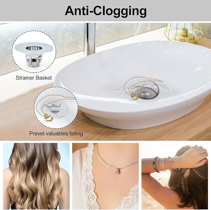 All Brass Metal Sink Stopper with Hair Catcher | Universal Bathroom Drain Strainer | Anti Clog Filter Basket, Polished Chrome, Fit for 1.08-1.5 Inch Sink Drain Hole