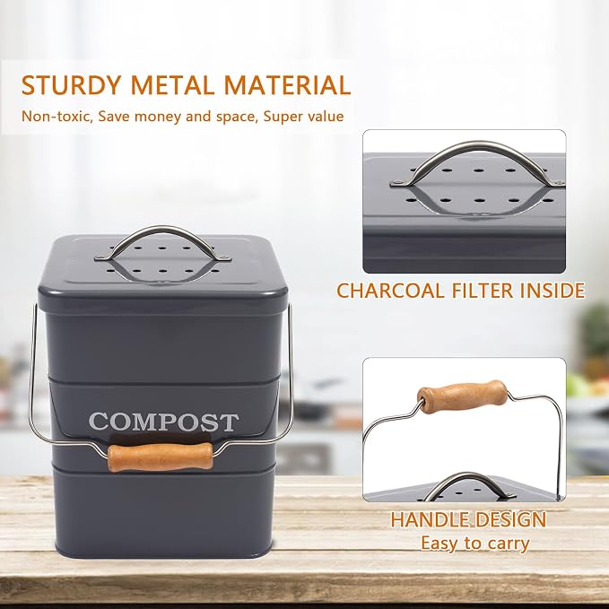 Compost Bin Kitchen Countertop Indoor Compost Pail Bucket, Great for Food Scraps, Carbon Steel, Handles, Gray, 1 Gallon - Includes Charcoal Filter