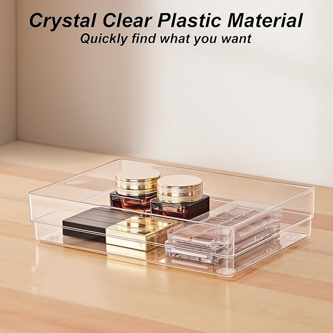 SMARTAKE 25-Piece Drawer Organizer with Non-Slip Silicone Pads, 4-Size Desk Drawer Organizer Trays Storage Tray for Makeup, Jewelries, Utensils in Bedroom Dresser, Office and Kitchen (Clear)