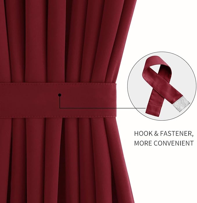 DWCN French Door Curtains – Rod Pocket Thermal Blackout Curtain for Doors with Glass Window, Christmas and Patio Doors for Privacy, 36 X 72 Inches Long, 1 Curtain Panel with Tieback,Burgundy