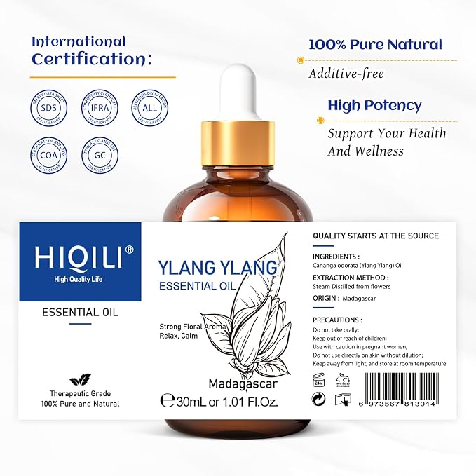 HIQILI Ylang-Ylang Essential Oil for Diffuser, Aromatherapy, DIY Perfumes | Long-Lasting Exotic Floral Scent for Home, Living Spaces & Massage - 30mL / 1.01 fl oz