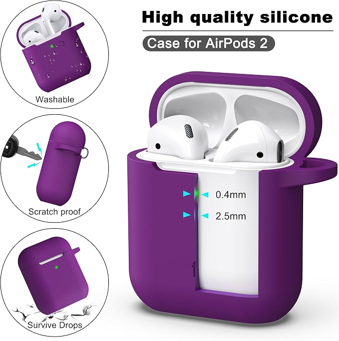 R-fun for AirPods 1/2 Case, Soft Silicone Protective Cover with Keychain and Cleaning Pen, Compatible with AirPods 2nd/1st Generation (2016/2019), Full Drop Protection Cover, Plum