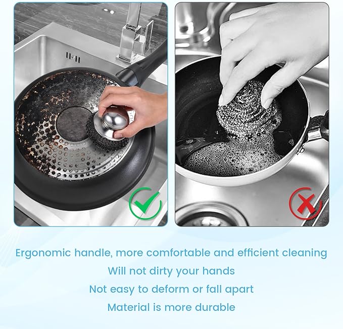 6Pcs Steel Wool Scrubber, Stainless Steel Scrubber with Handle for Cleaning Kitchen and Household Stubborn Messes from Stoves Pans Pots Grill Sink with Replacement Wire Brush Set (2 Pcs+4 Replacement)