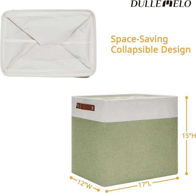 DULLEMELO Large Storage Basket 17"x12"x15", Fabric Storage Organizer Basket for Storage Clothes, Large Fabric Bin for Organizing Book, Storage Bin with Handles for Storage Toy (White&Green)