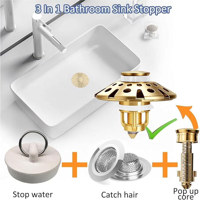 AzWzz Bathroom Sink Drain Strainer, 3 in 1 Pop Up Bathroom Sink Stopper Plug with Hair Catcher Cover, Universal for 1.06 in to 1.6 in Sink Drain, Brushed Gold