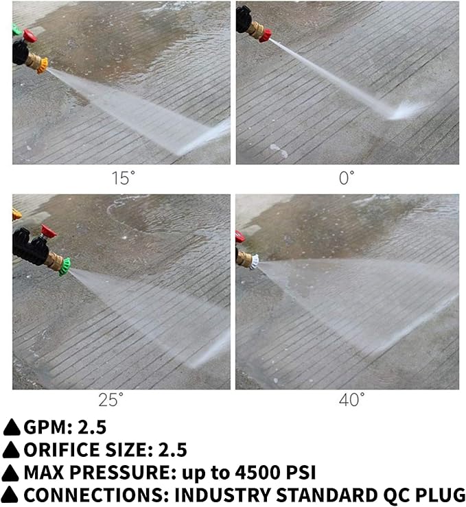 Pressure Washer Tips Power Washer Soap Nozzle Tips Multiple Degrees 1/4 Quick Connect Design Up to 4,500 PSI 2.5 GPM(5-Pack) | Pressure Washer Spray Nozzle Tips, Multiple Degrees 0° 15° 25° 40° Soap, 1/4 Inch Quick Connect for Cleaning Car, Watering