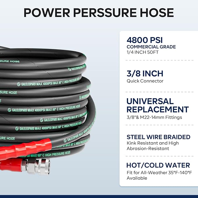 Pressure Washer Hose 50FT 4800PSI with 3/8 Inch Quick Connect, Kink Resistant Industry Grade Steel Wire Braided, Wear Resistant Power Washer Hose with M22 14mm Adapter