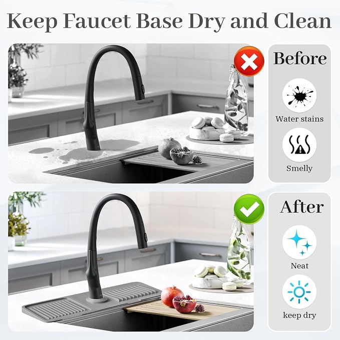 PoYang 17.7 Inch Faucet Mat for Kitchen Sink Splash Guard Behind Faucet, Sink Protectors for Kitchen Sink Faucet Mat Splash Guard for Kitchen Sink Area, Long Silicone Faucet Guard & Draining Mat, Grey