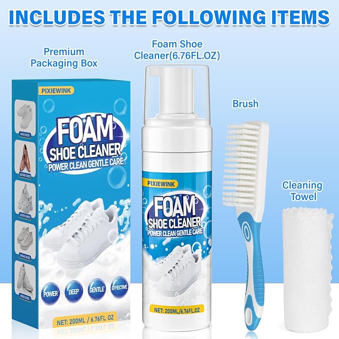 Shoe Cleaner, 6.76 fl oz Shoe Cleaning Kit with Brush and Towel, White Sneaker Cleaner for Removing Stains | Includes Brush & Towel, Removes Dirt & Stains from White Shoes, Sneakers, Leather, Canvas & Mesh, 6.76 fl oz