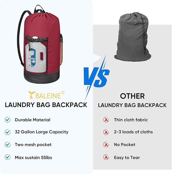 BALEINE 150L Laundry Bag Backpack, 900D Oxford Fabric Large Travel Laundry Bags with Shoulder Straps and 2 Mesh Pockets for College Dorm, Apartment, Laundromat (Red, 150L) ﻿