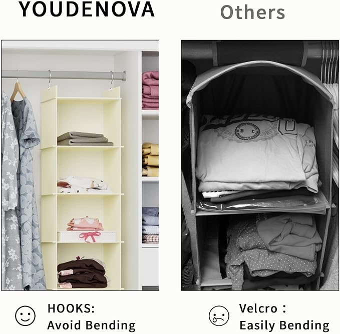 YOUDENOVA Hanging Closet Organizer, 4-Shelf Closet Hanging Shelves, Beige