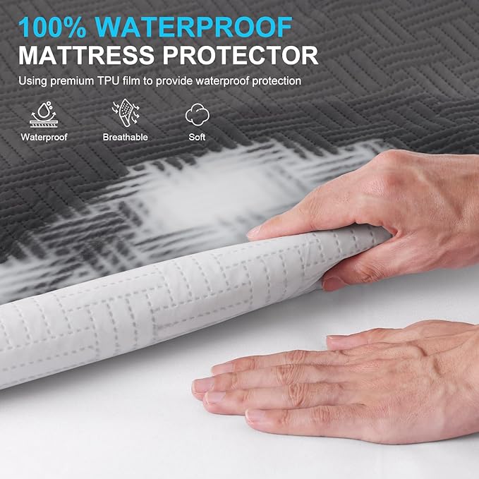 Waterproof Mattress Protector California King Size - Breathable, Noiseless, Ultra-Soft Bed Cover, Mattress Pad Cover with Deep Stretchable Pockets 8"-21" (Gray)